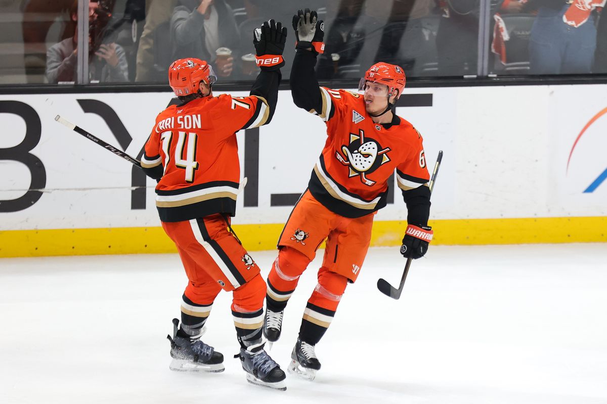 Anaheim Ducks center Mikael Granlund (64) celebrates a goal during a Stanley Cup Playoff game against the Las Vegas Golden Knights on May 14, 2026 in Anaheim, CA. Anaheim Ducks center Mikael Granlund (64) celebrates a goal during a Stanley Cup Playoff game against the Las Vegas Golden Knights on May 14, 2026 in Anaheim, CA.