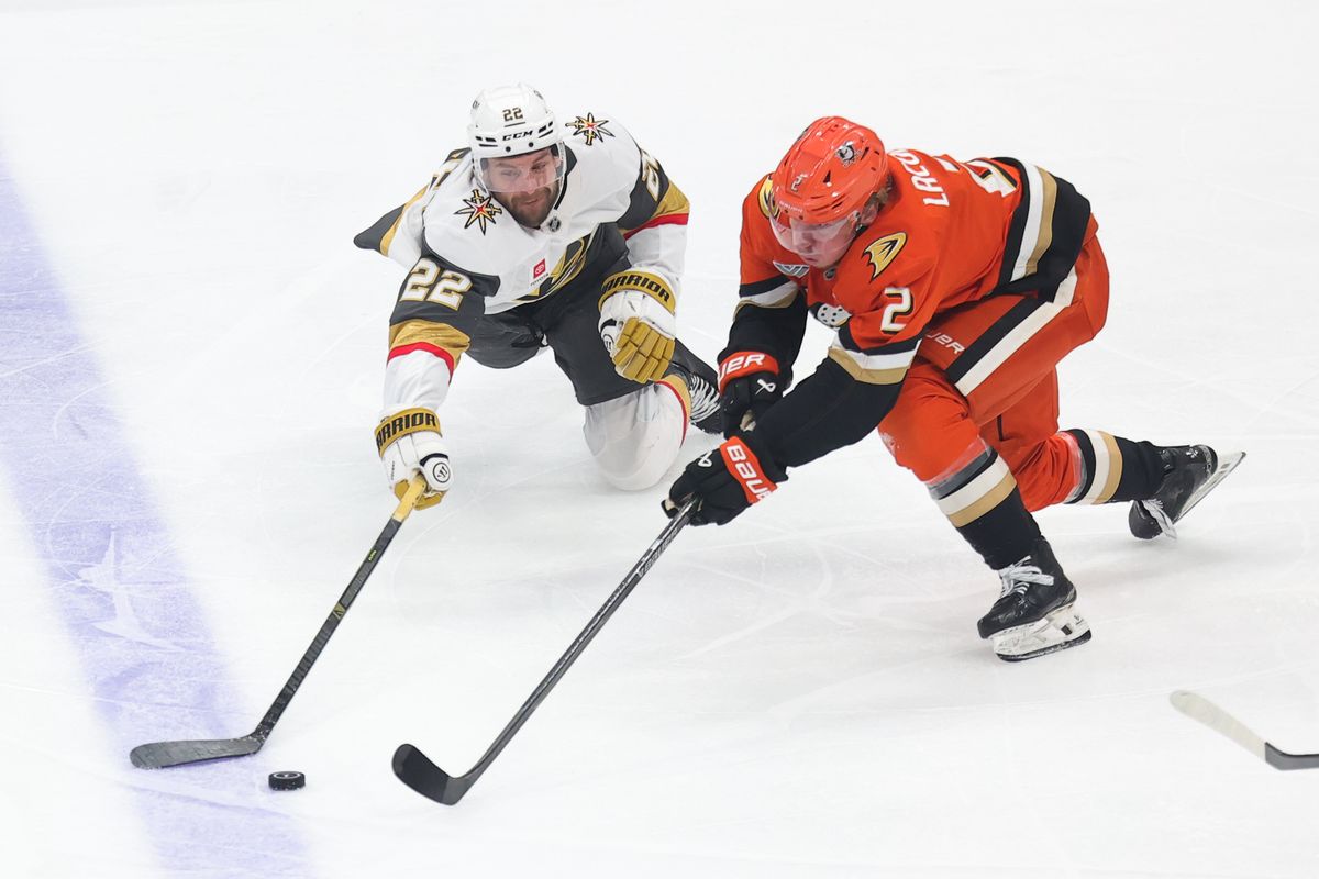 Anaheim Ducks defenseman Jackson LaCombe (2) and Las Vegas Golden Knights right wing Cole Smith (22) fight for the puck during a Stanley Cup Playoff game against on May 14, 2026 in Anaheim, CA. Anaheim Ducks defenseman Jackson LaCombe (2) and Las Vegas Golden Knights right wing Cole Smith (22) fight for the puck during a Stanley Cup Playoff game against on May 14, 2026 in Anaheim, CA.