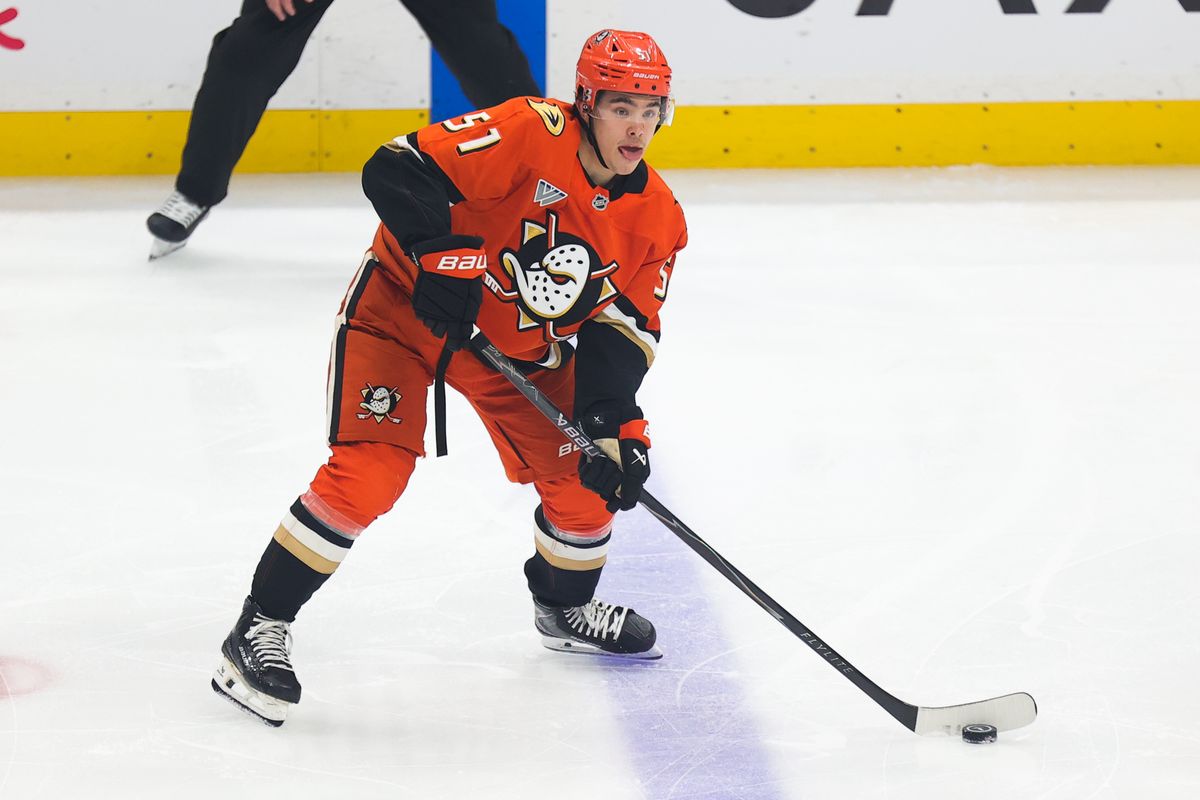 Anaheim Ducks defenseman Olen Zellweger (51) skates with the puck during a Stanley Cup Playoff game against the Las Vegas Golden Knights on May 14, 2026 in Anaheim, CA. Anaheim Ducks defenseman Olen Zellweger (51) skates with the puck during a Stanley Cup Playoff game against the Las Vegas Golden Knights on May 14, 2026 in Anaheim, CA.