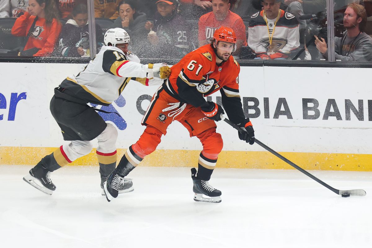 Anaheim Ducks left wing Cutter Gauthier (61) skates with the puck during a Stanley Cup Playoff game against the Las Vegas Golden Knights on May 14, 2026 in Anaheim, CA. Anaheim Ducks left wing Cutter Gauthier (61) skates with the puck during a Stanley Cup Playoff game against the Las Vegas Golden Knights on May 14, 2026 in Anaheim, CA.
