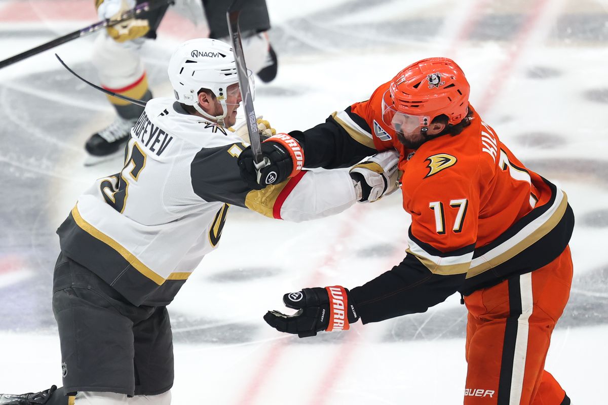 Anaheim Ducks left wing Alex Killorn (17) battles for position with Las Vegas Golden Knights right wing Pavel Dorofeyev (16) during a Stanley Cup Playoff game on May 14, 2026 in Anaheim, CA. Anaheim Ducks left wing Alex Killorn (17) battles for position with Las Vegas Golden Knights right wing Pavel Dorofeyev (16) during a Stanley Cup Playoff game on May 14, 2026 in Anaheim, CA.