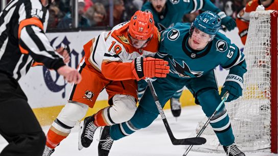 Ducks Notebook: Sharks flip game late, Gauthier injury update, McQueen joins AHL San Diego taken at SAP Center (Anaheim Ducks). Photo by Justine Willard-Imagn Images