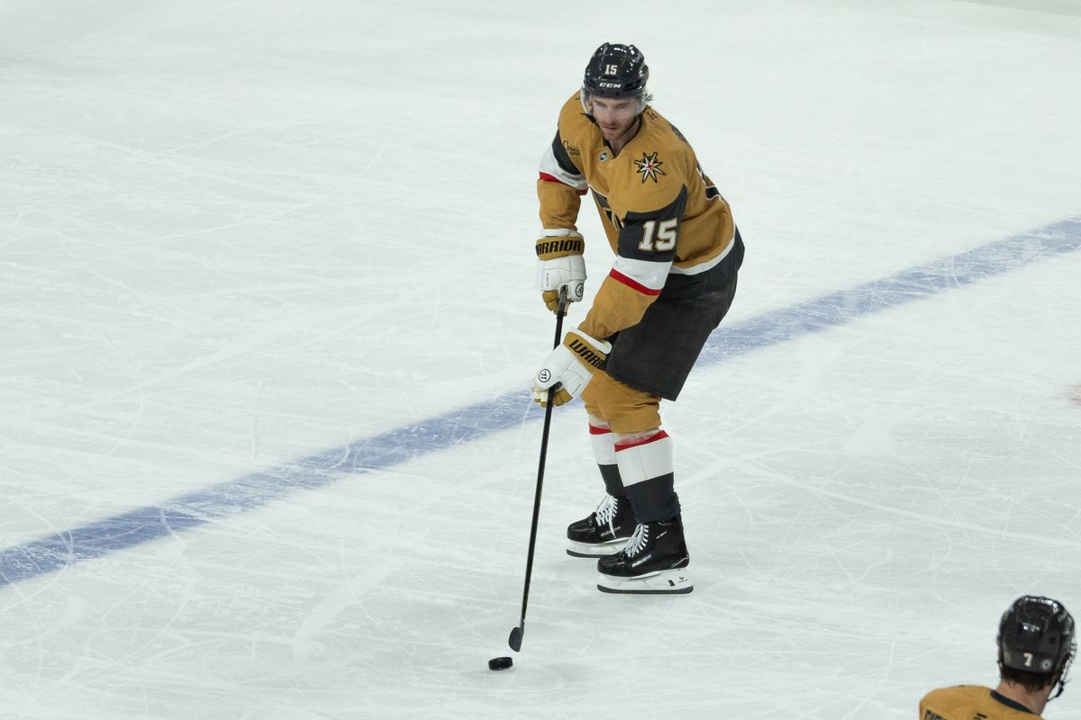 Vegas Golden Knights Noah Hanifni (15) skates the puck down the ice durinig NHL game against Florida Panthers on Sunday Jan. 26, 2025 in Las Vegas. Vegas Golden Knights Noah Hanifni (15) skates the puck down the ice durinig NHL game against Florida Panthers on Sunday Jan. 26, 2025 in Las Vegas.