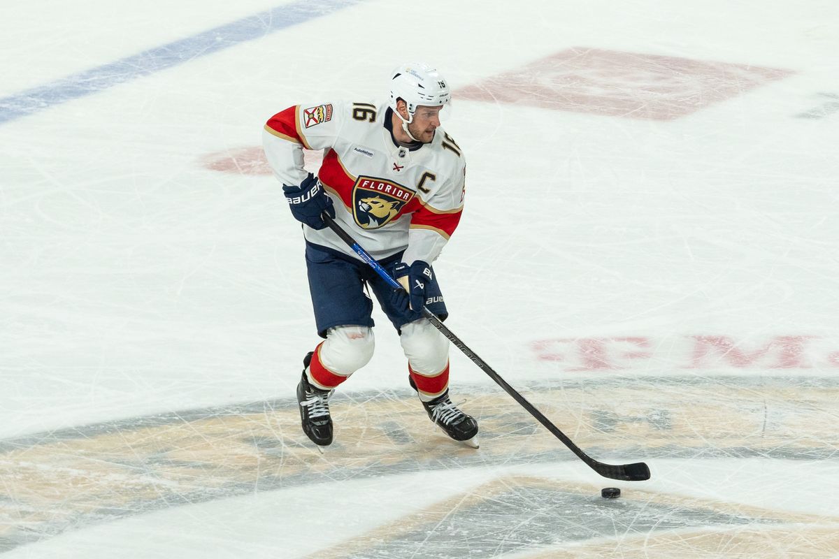 Florida Panther center Aleksander Barkov (16) skates the puck down the ice during NHL game against Vegas Golden Knights on Sunday Jan. 26, 2025 in Las Vegas. Florida Panther center Aleksander Barkov (16) skates the puck down the ice during NHL game against Vegas Golden Knights on Sunday Jan. 26, 2025 in Las Vegas.