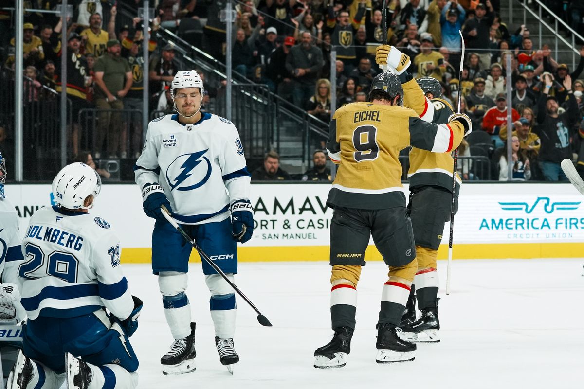 Tampa Bay Lightning center Yanni Gourde (37) reacts to the Vegas Golden Knights scoring a goal while Golden Knights center Jack Eichel (9) and defenseman Kaeden Korczak (6) celebrate during first period of NHL game against Vegas Golden Knights on Tuesday, Nov. 6, 2025 at T-Mobile Arena in Las Vegas. Tampa Bay Lightning center Yanni Gourde (37) reacts to the Vegas Golden Knights scoring a goal while Golden Knights center Jack Eichel (9) and defenseman Kaeden Korczak (6) celebrate during first period of NHL game against Vegas Golden Knights on Tuesday, Nov. 6, 2025 at T-Mobile Arena in Las Vegas.