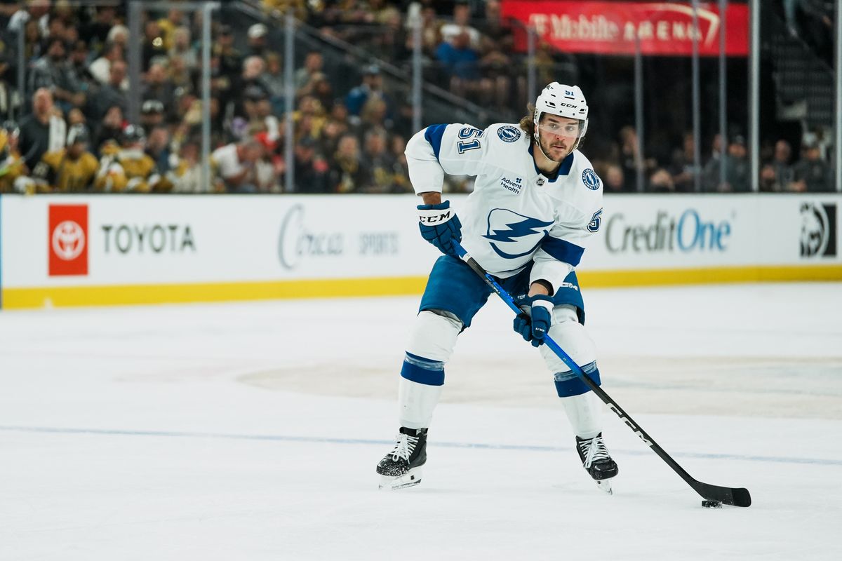 Tampa Bay Lightning defenseman Charle-Edouard D’Astous (51) scans the ice during second period of NHL game against Vegas Golden Knights on Tuesday, Nov. 6, 2025 at T-Mobile Arena in Las Vegas. Tampa Bay Lightning defenseman Charle-Edouard D’Astous (51) scans the ice during second period of NHL game against Vegas Golden Knights on Tuesday, Nov. 6, 2025 at T-Mobile Arena in Las Vegas.