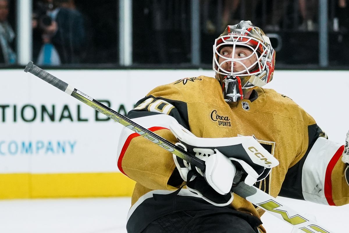 Vegas Golden Knights goalie Carl Lindborn (30) eyes the puckl during second period of NHL game against Tampa Bay Lightning on Tuesday, Nov. 6, 2025 at T-Mobile Arena in Las Vegas. Vegas Golden Knights goalie Carl Lindborn (30) eyes the puckl during second period of NHL game against Tampa Bay Lightning on Tuesday, Nov. 6, 2025 at T-Mobile Arena in Las Vegas.