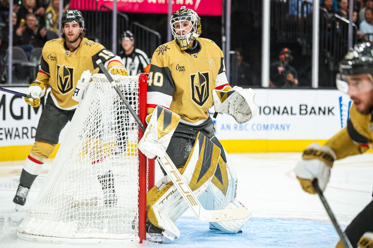 Vegas Golden Knights G Akira Schmid (40) watches for the puck during an NHL game against the Anaheim Ducks on Saturday November 8, 2025, in Las Vegas, Nevada. Vegas Golden Knights G Akira Schmid (40) watches for the puck during an NHL game against the Anaheim Ducks on Saturday November 8, 2025, in Las Vegas, Nevada.