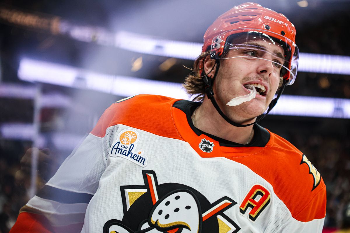 Anaheim Ducks C Leo Carlsson (91) seen after scoring a goal against the Vegas Golden Knights on Saturday November 8, 2025, in Las Vegas, Nevada. Anaheim Ducks C Leo Carlsson (91) seen after scoring a goal against the Vegas Golden Knights on Saturday November 8, 2025, in Las Vegas, Nevada.