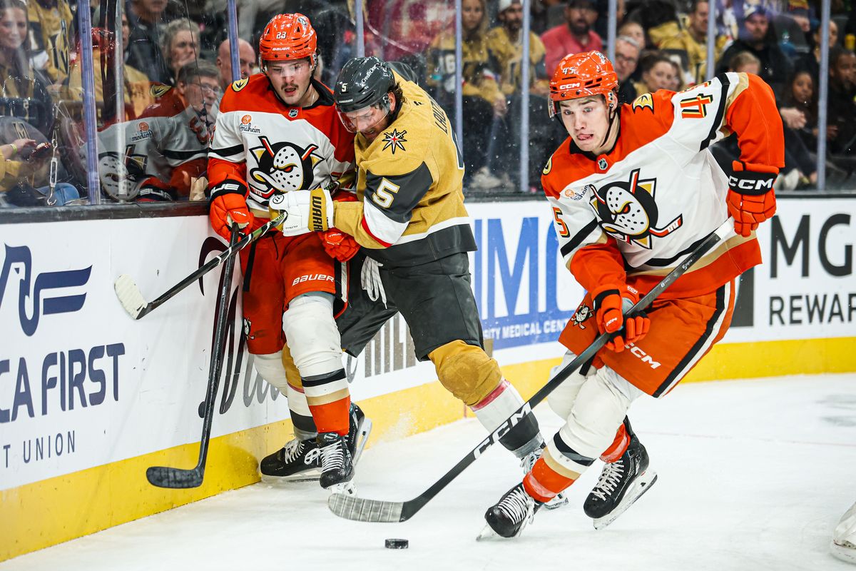 Anaheim Ducks RW Beckett Sennecke (45) collects the puck during an NHL game against the Vegas Golden Knights on Saturday November 8, 2025, in Las Vegas, Nevada. Anaheim Ducks RW Beckett Sennecke (45) collects the puck during an NHL game against the Vegas Golden Knights on Saturday November 8, 2025, in Las Vegas, Nevada.