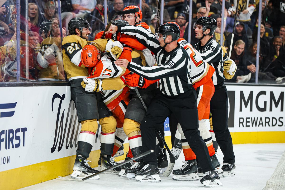 Vegas Golden Knights D Shea Theodore (27) and Anaheim Ducks RW Frank Vatrano (77) incite a scrum during an NHL game on Saturday November 8, 2025, in Las Vegas, Nevada. Vegas Golden Knights D Shea Theodore (27) and Anaheim Ducks RW Frank Vatrano (77) incite a scrum during an NHL game on Saturday November 8, 2025, in Las Vegas, Nevada.