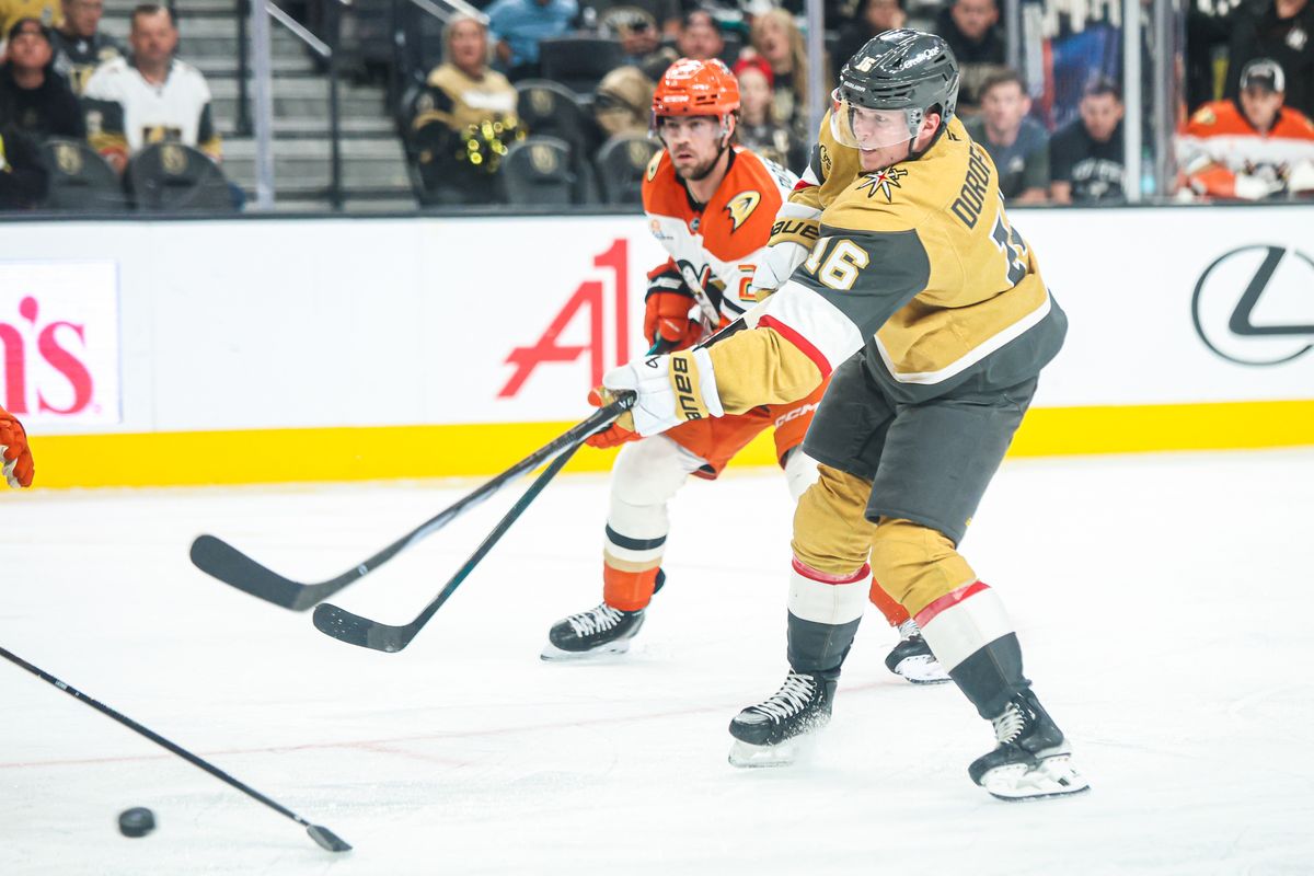 Vegas Golden Knights RW Pavel Dorofeyev (16) scores a goal against the Anaheim Ducks on Saturday November 8, 2025, in Las Vegas, Nevada. Vegas Golden Knights RW Pavel Dorofeyev (16) scores a goal against the Anaheim Ducks on Saturday November 8, 2025, in Las Vegas, Nevada.