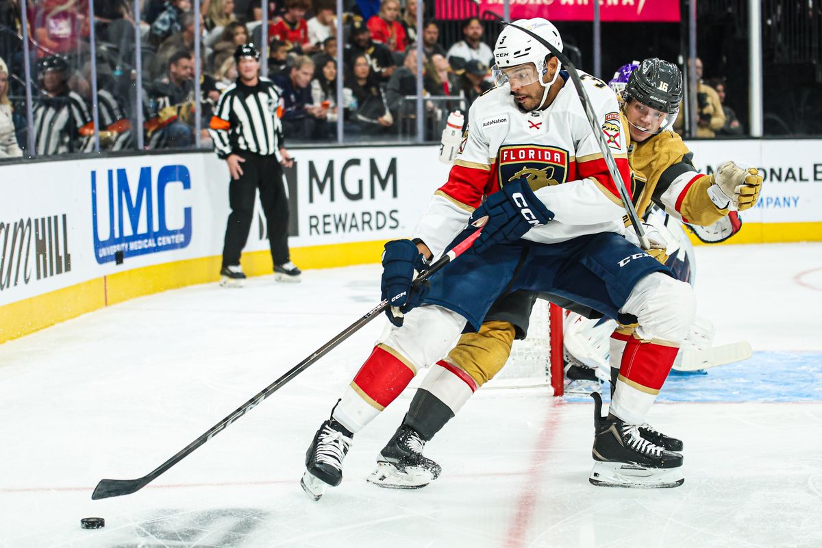Florida Panthers D Seth Jones (3) fends off Vegas Golden Knights RW Pavel Dorofeyev (16) during an NHL game on Monday November 10, 2025, in Las Vegas, Nevada. Florida Panthers D Seth Jones (3) fends off Vegas Golden Knights RW Pavel Dorofeyev (16) during an NHL game on Monday November 10, 2025, in Las Vegas, Nevada.