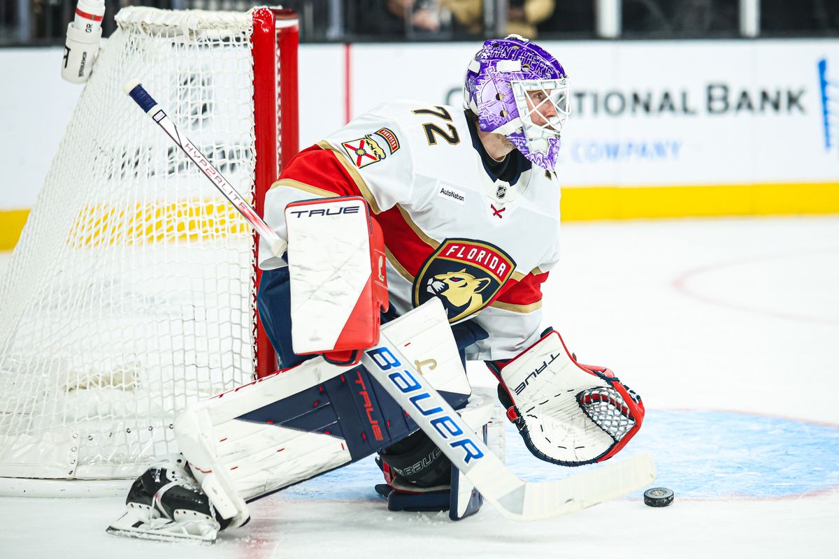 Florida Panthers G Sergei Bobrovsky (72) plays the puck during an NHL game against the Vegas Golden Knights on Monday November 10, 2025, in Las Vegas, Nevada. Florida Panthers G Sergei Bobrovsky (72) plays the puck during an NHL game against the Vegas Golden Knights on Monday November 10, 2025, in Las Vegas, Nevada.