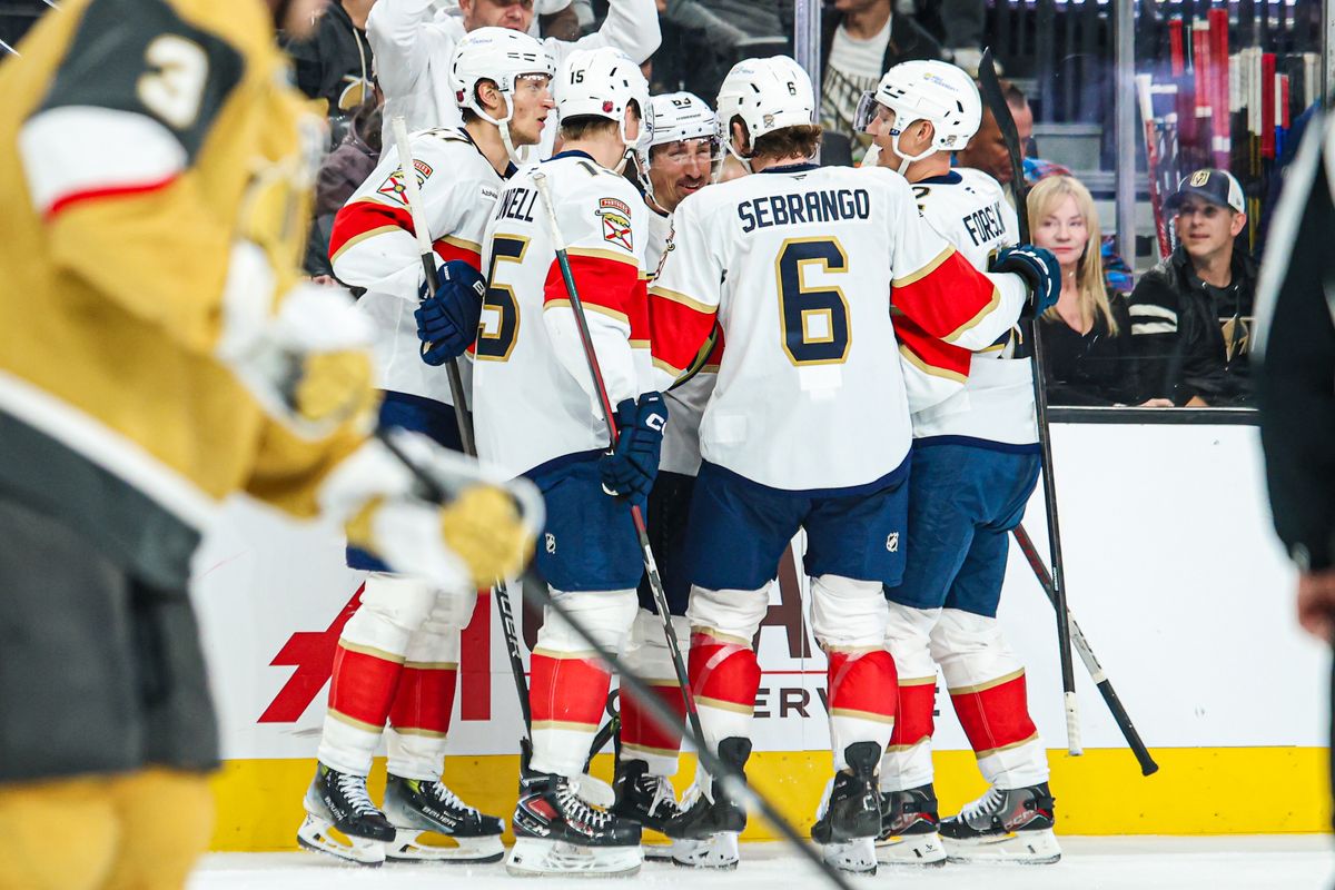 Florida Panthers LW Brad Marchand (63) celebrates with his teammates after scoring a goal against the Vegas Golden Knights on Monday November 10, 2025, in Las Vegas, Nevada. Florida Panthers LW Brad Marchand (63) celebrates with his teammates after scoring a goal against the Vegas Golden Knights on Monday November 10, 2025, in Las Vegas, Nevada.