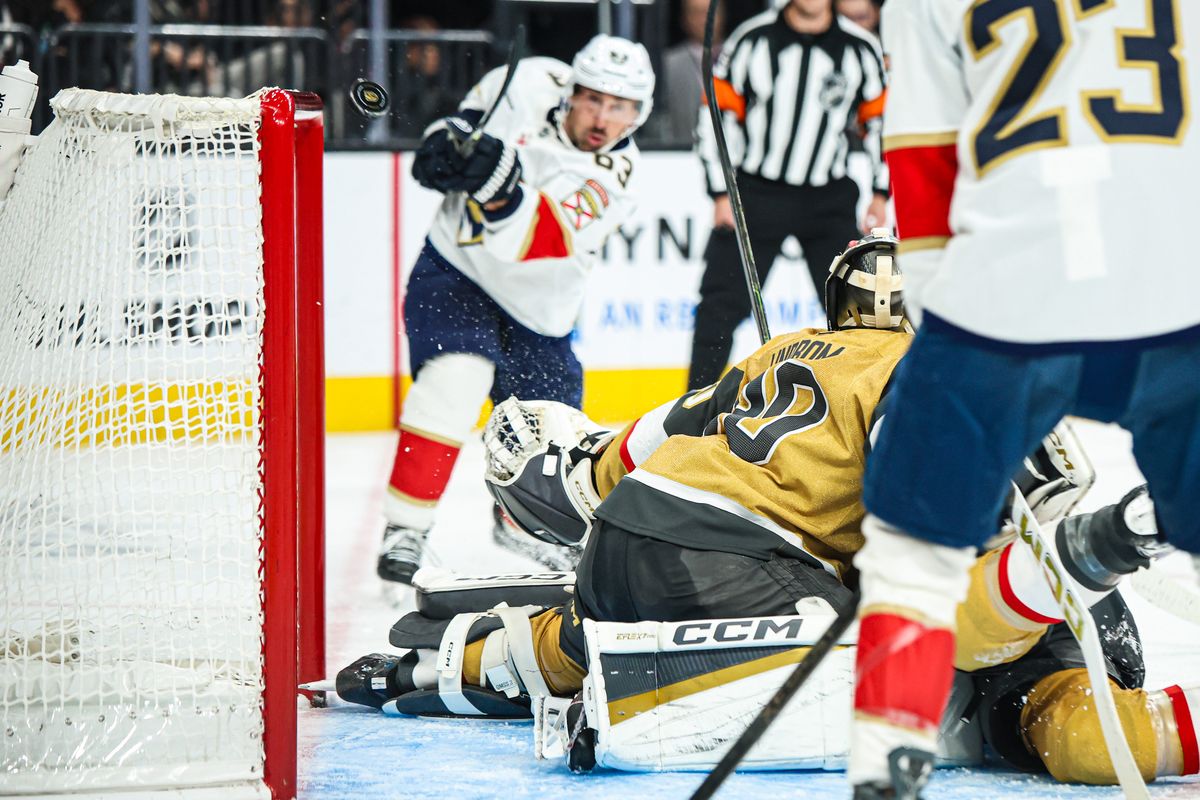Florida Panthers LW Brad Marchand (63) shoots the puck past Vegas Golden Knights G Carl Lindbom (30) during an NHL game on Monday November 10, 2025, in Las Vegas, Nevada. Florida Panthers LW Brad Marchand (63) shoots the puck past Vegas Golden Knights G Carl Lindbom (30) during an NHL game on Monday November 10, 2025, in Las Vegas, Nevada.