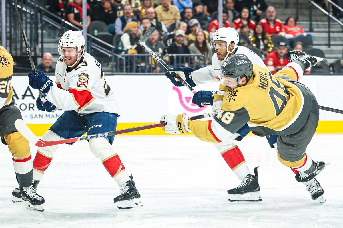Vegas Golden Knights F Tomas Hertl (48) falls while scoring a goal against the Florida Panthers on Monday November 10, 2025, in Las Vegas, Nevada. Vegas Golden Knights F Tomas Hertl (48) falls while scoring a goal against the Florida Panthers on Monday November 10, 2025, in Las Vegas, Nevada.