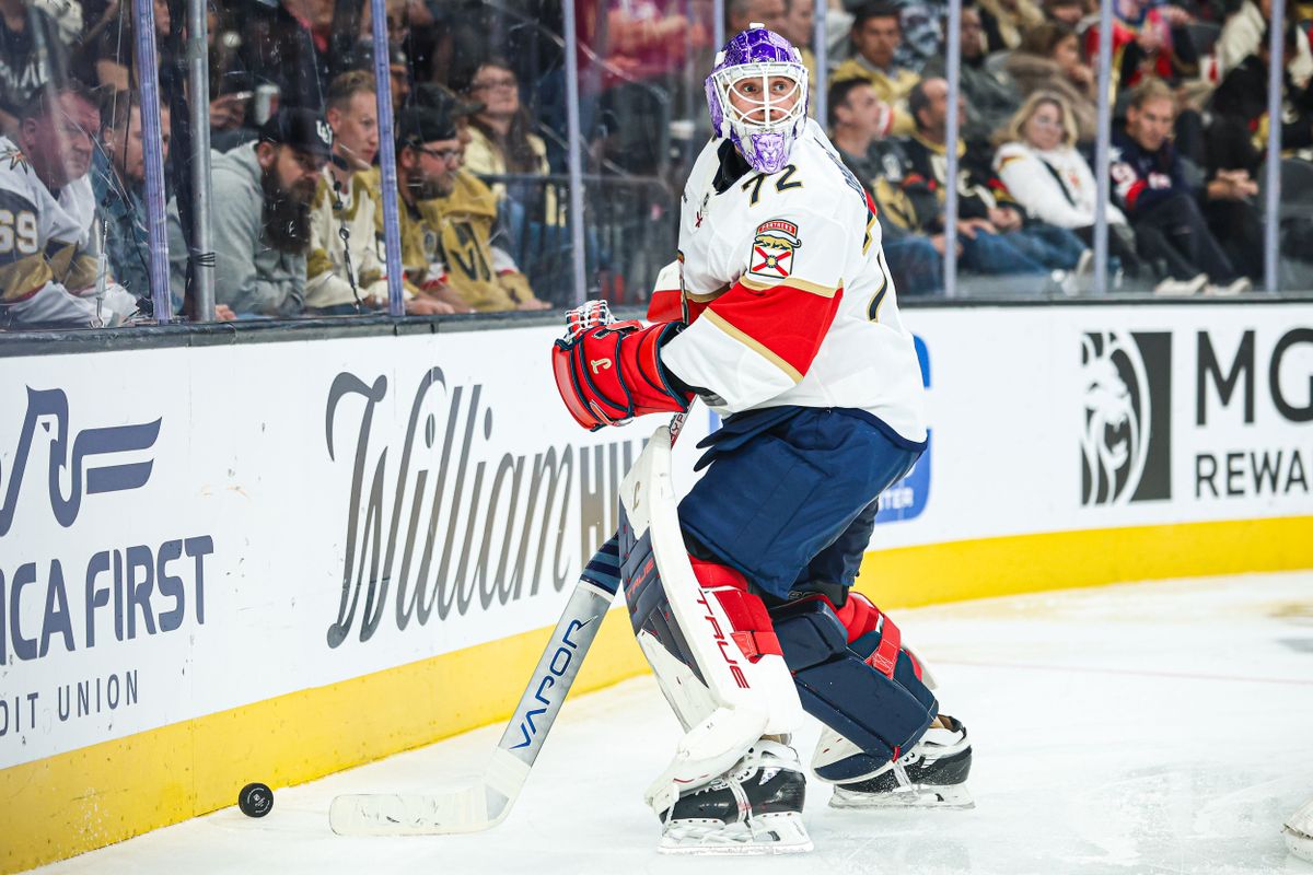 Florida Panthers G Sergei Bobrovsky (72) plays the puck behind the net during an NHL game against the Vegas Golden Knights on Monday November 10, 2025, in Las Vegas, Nevada. Florida Panthers G Sergei Bobrovsky (72) plays the puck behind the net during an NHL game against the Vegas Golden Knights on Monday November 10, 2025, in Las Vegas, Nevada.