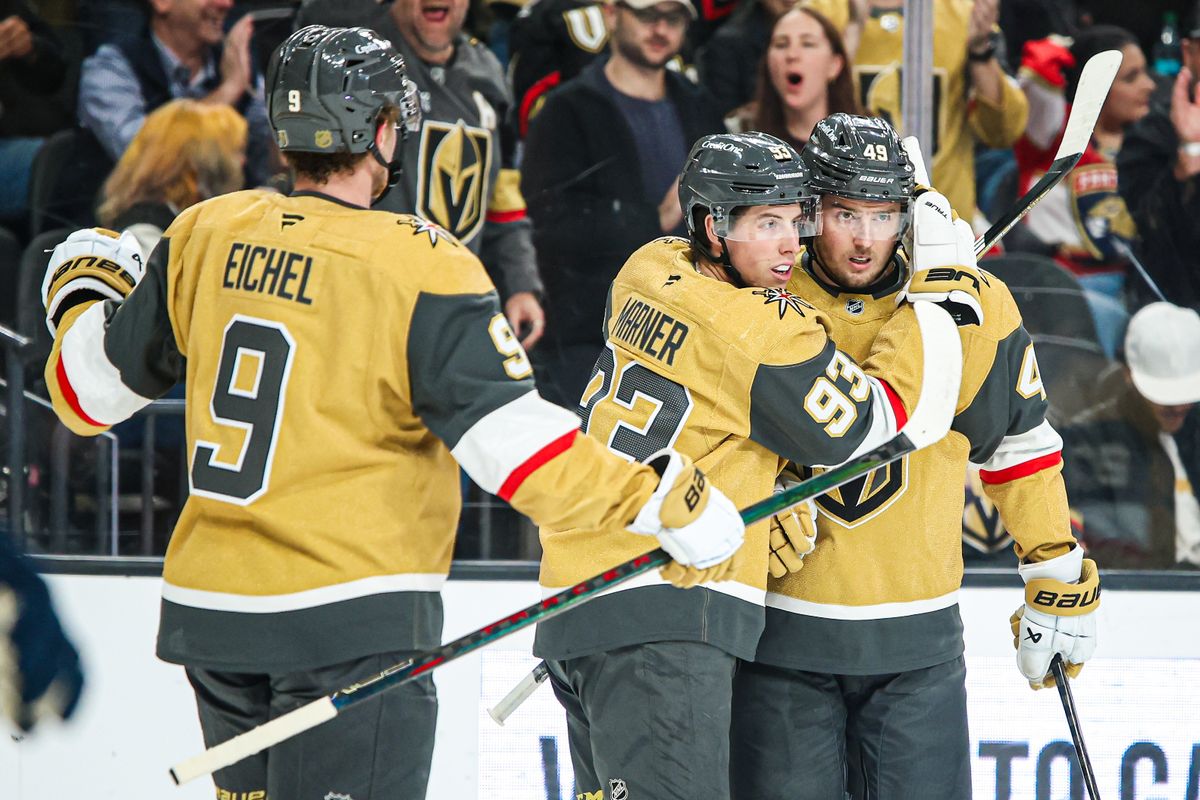 Vegas Golden Knights F Ivan Barbashev (49) celebrates with his teammate Vegas Golden Knights F Mitch Marner (93) after scoring a goal against the Florida Panthers on Monday November 10, 2025, in Las Vegas, Nevada. Vegas Golden Knights F Ivan Barbashev (49) celebrates with his teammate Vegas Golden Knights F Mitch Marner (93) after scoring a goal against the Florida Panthers on Monday November 10, 2025, in Las Vegas, Nevada.