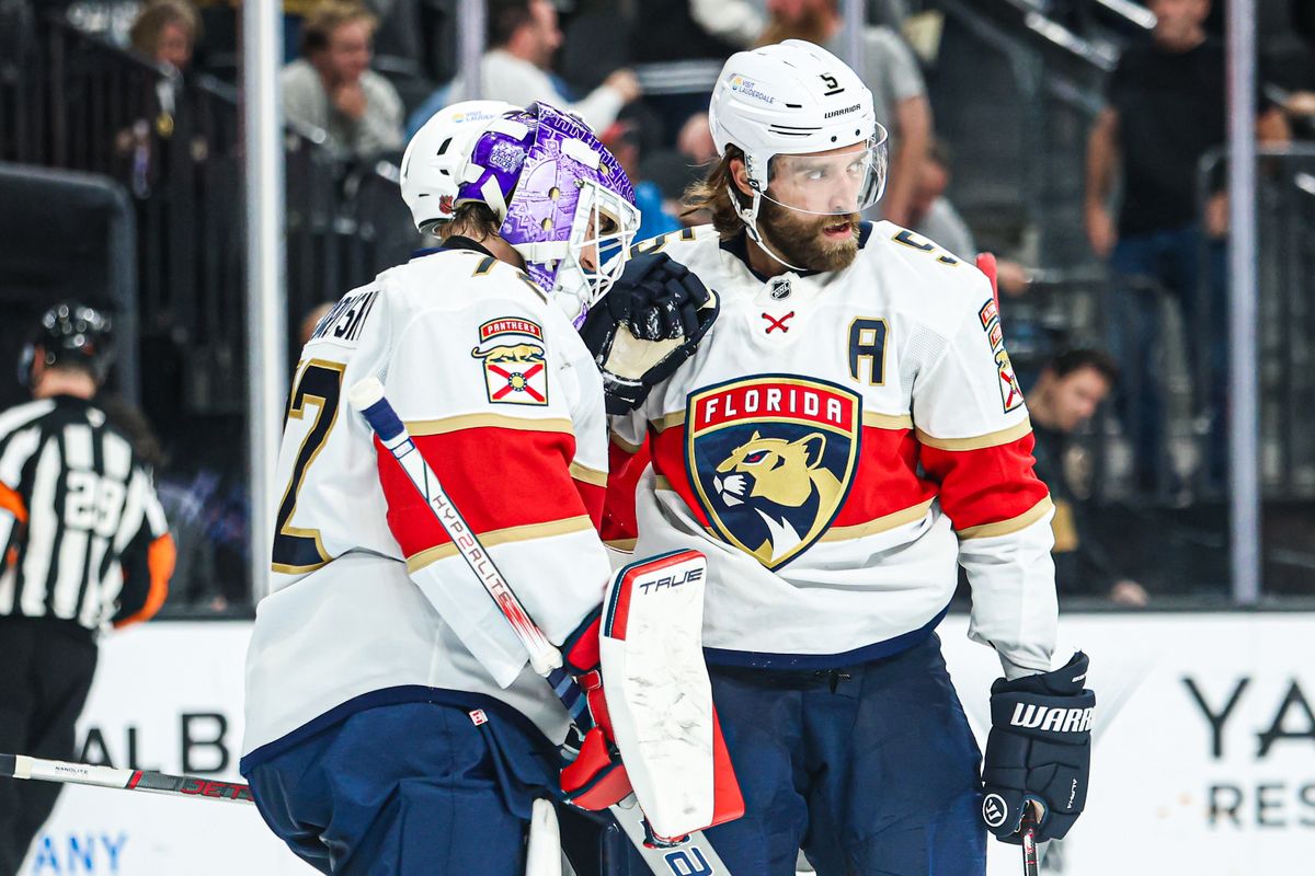 Florida Panthers G Sergei Bobrovsky (72) and D Aaron Ekblad (5) are seen after defeating the Vegas Golden Knights on Monday November 10, 2025, in Las Vegas, Nevada. Florida Panthers G Sergei Bobrovsky (72) and D Aaron Ekblad (5) are seen after defeating the Vegas Golden Knights on Monday November 10, 2025, in Las Vegas, Nevada.
