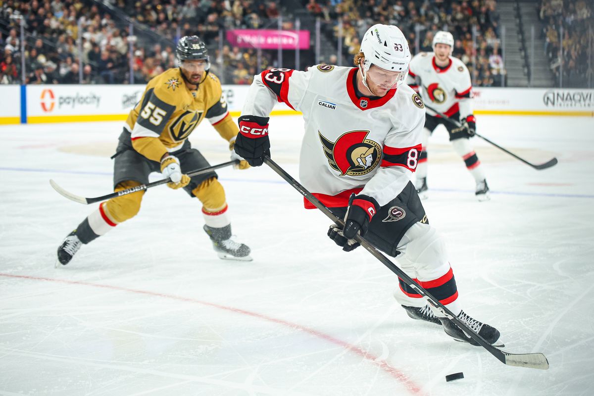 Ottawa Senators F Stephen Halliday (83) skates with the puck during an NHL game against the Vegas Golden Knights on Wednesday November 26, 2025, in Las Vegas, Nevada. Ottawa Senators F Stephen Halliday (83) skates with the puck during an NHL game against the Vegas Golden Knights on Wednesday November 26, 2025, in Las Vegas, Nevada.