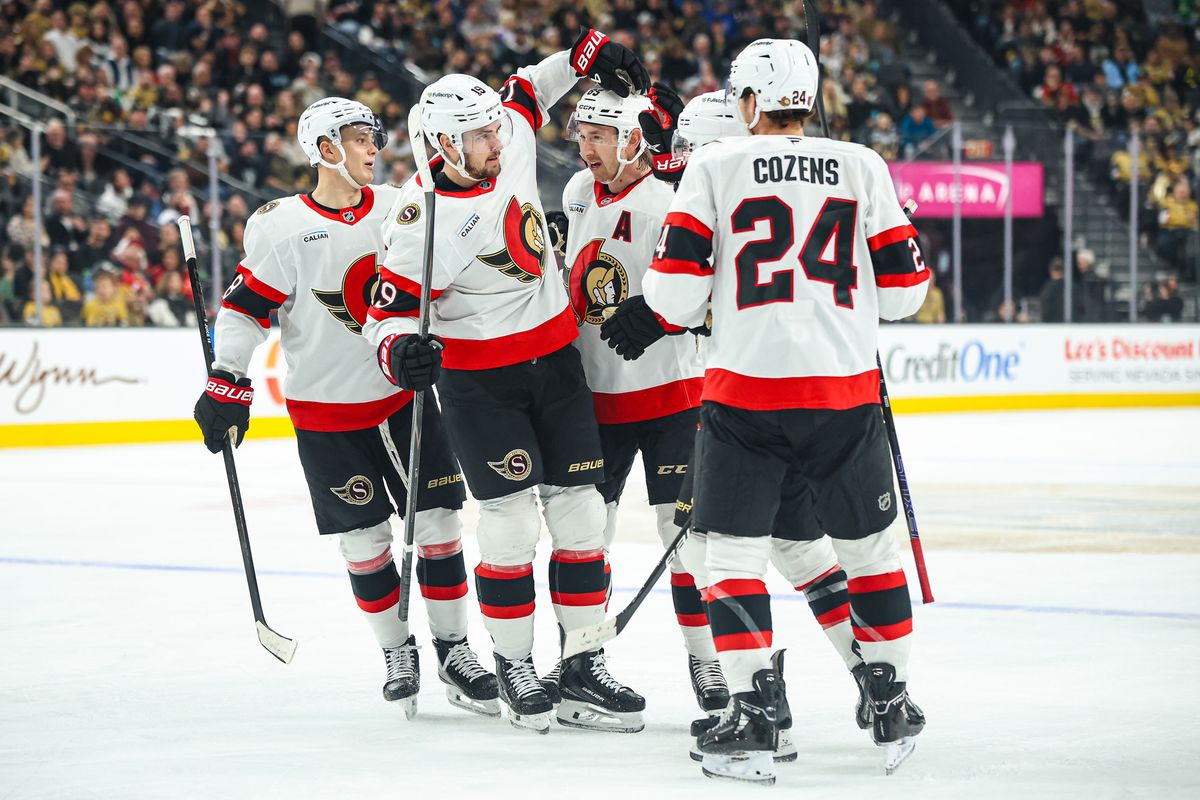 Ottawa Senators D Jake Sanderson (85) celebrates with his teammates after scoring a power play goal against the Vegas Golden Knights on Wednesday November 26, 2025, in Las Vegas, Nevada. Ottawa Senators D Jake Sanderson (85) celebrates with his teammates after scoring a power play goal against the Vegas Golden Knights on Wednesday November 26, 2025, in Las Vegas, Nevada.