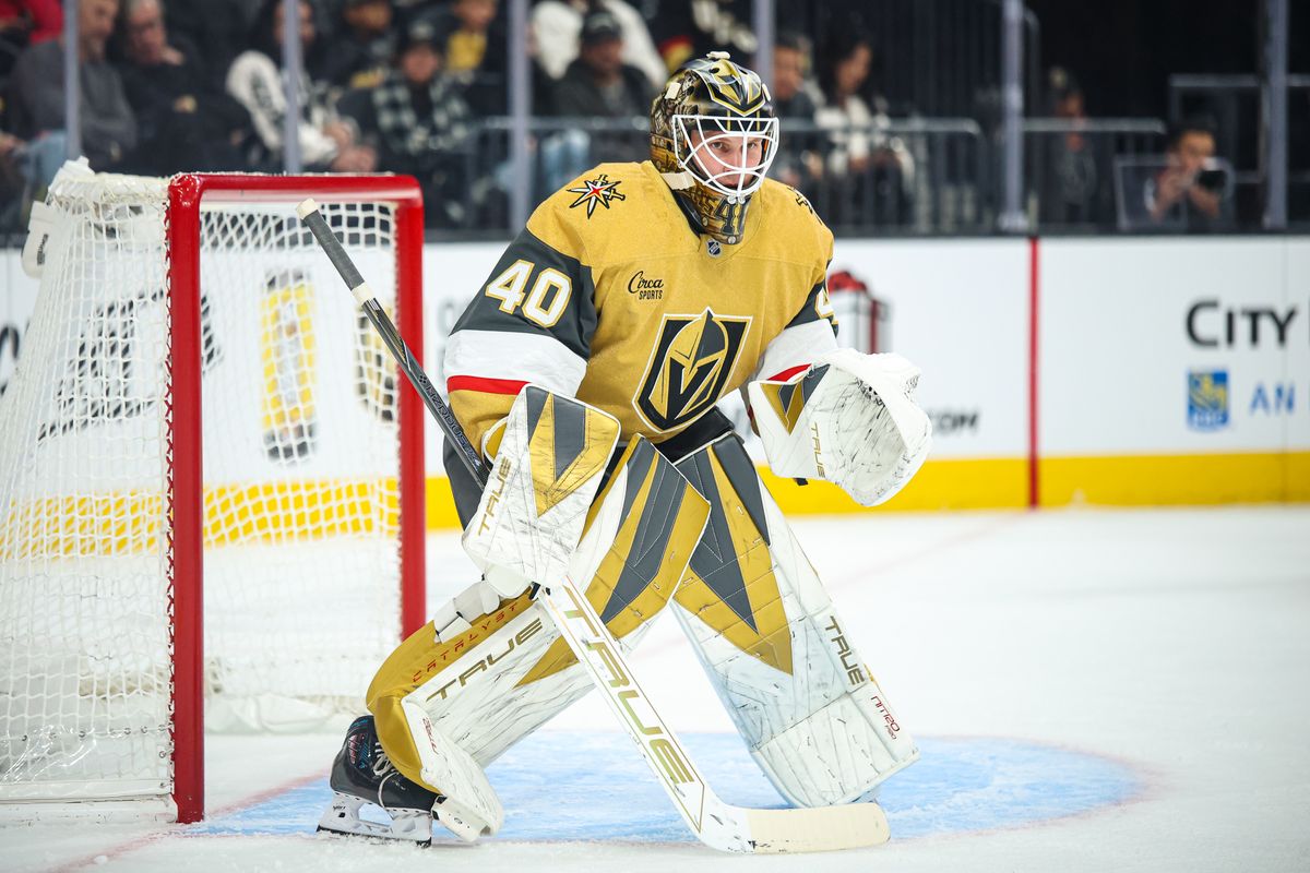 Vegas Golden Knights G Akira Schmid (40) watches the puck during an NHL game against the Ottawa Senators on Wednesday November 26, 2025, in Las Vegas, Nevada. Vegas Golden Knights G Akira Schmid (40) watches the puck during an NHL game against the Ottawa Senators on Wednesday November 26, 2025, in Las Vegas, Nevada.