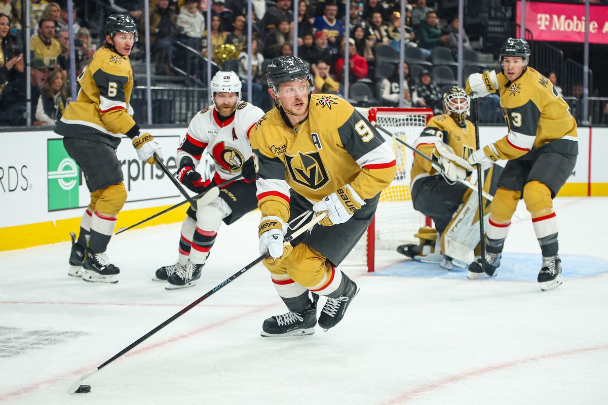 Vegas Golden Knights F Jack Eichel (9) looks to pass the puck during an NHL game against the Ottawa Senators on Wednesday November 26, 2025, in Las Vegas, Nevada. Vegas Golden Knights F Jack Eichel (9) looks to pass the puck during an NHL game against the Ottawa Senators on Wednesday November 26, 2025, in Las Vegas, Nevada.