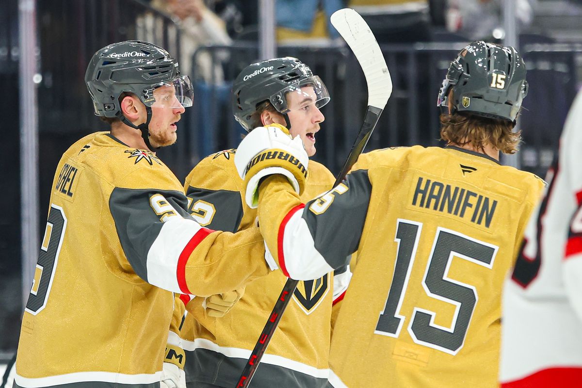 Vegas Golden Knights F Jack Eichel (9) celebrates after scoring a goal with his teammates F Braeden Bowman (42) and D Noah Hanifin (15) during an NHL game against the Ottawa Senators on Wednesday November 26, 2025, in Las Vegas, Nevada. Vegas Golden Knights F Jack Eichel (9) celebrates after scoring a goal with his teammates F Braeden Bowman (42) and D Noah Hanifin (15) during an NHL game against the Ottawa Senators on Wednesday November 26, 2025, in Las Vegas, Nevada.