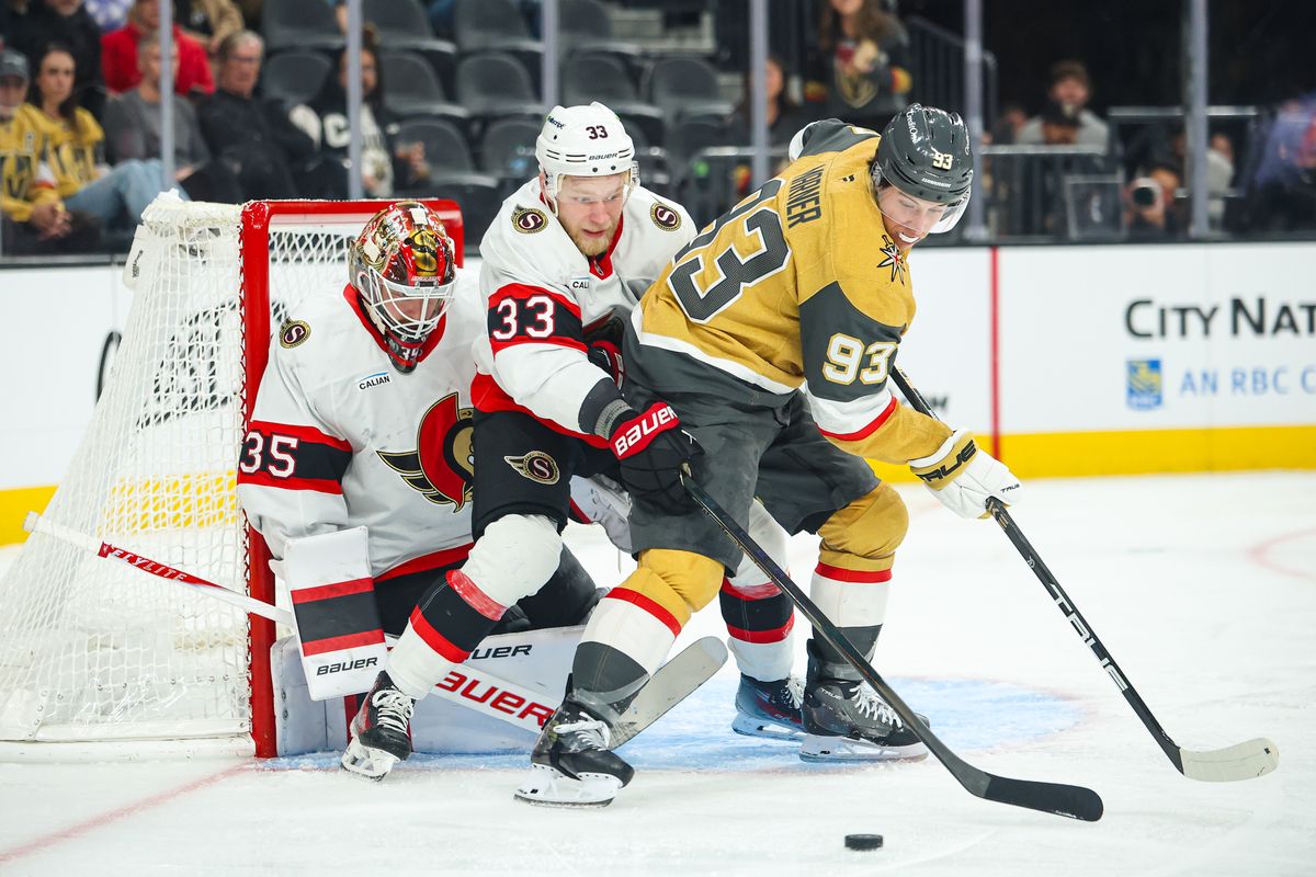 Vegas Golden Knights F Mitch Marner (93) handles the puck in front of the net during an NHL game against the Ottawa Senators on Wednesday November 26, 2025, in Las Vegas, Nevada. Vegas Golden Knights F Mitch Marner (93) handles the puck in front of the net during an NHL game against the Ottawa Senators on Wednesday November 26, 2025, in Las Vegas, Nevada.