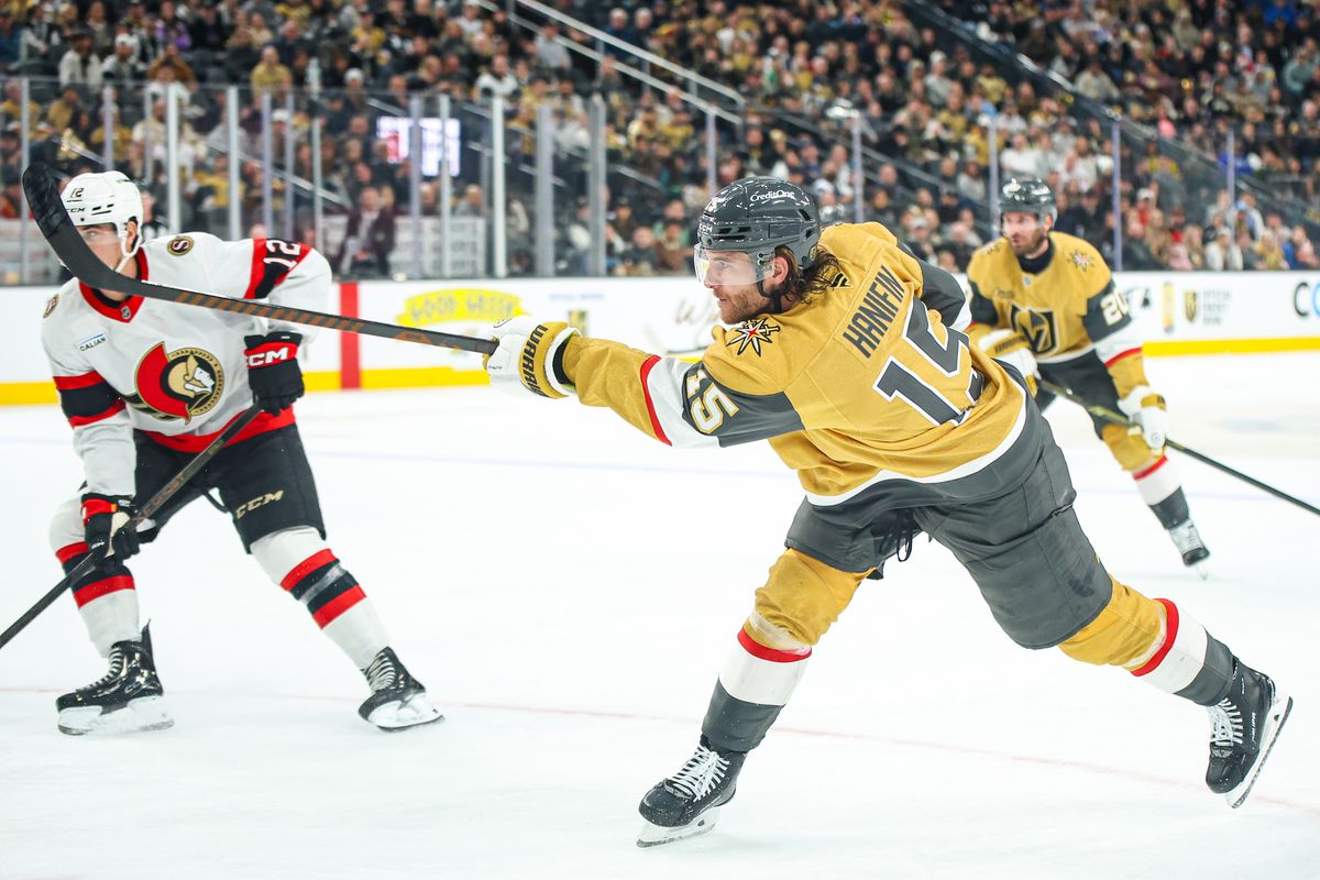 Vegas Golden Knights D Noah Hanifin (15) shoots the puck during an NHL game against the Ottawa Senators on Wednesday November 26, 2025, in Las Vegas, Nevada. Vegas Golden Knights D Noah Hanifin (15) shoots the puck during an NHL game against the Ottawa Senators on Wednesday November 26, 2025, in Las Vegas, Nevada.
