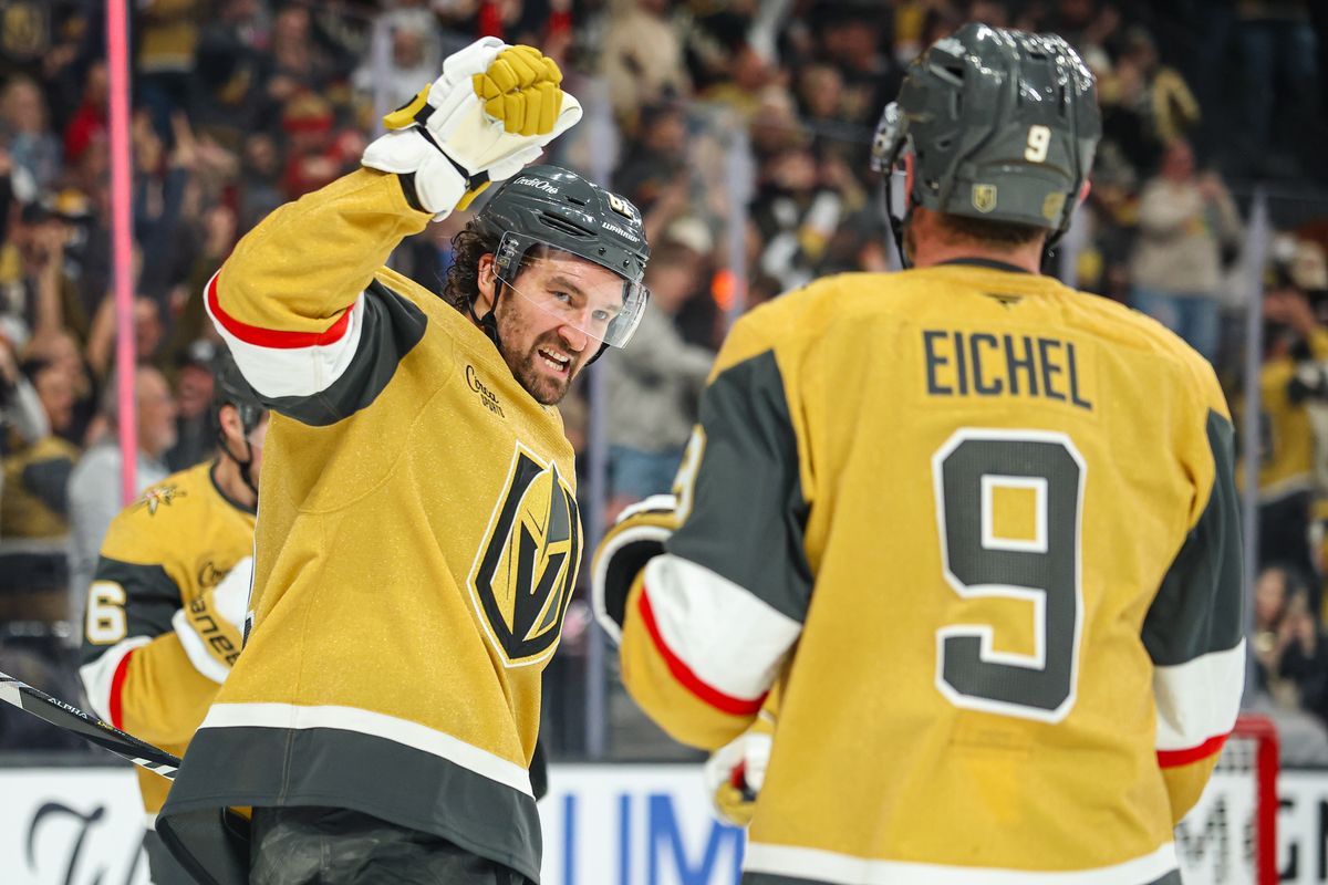 Vegas Golden Knights F Mark Stone (61) celebrates with his teammate F Jack Eichel (9) during an NHL game against the Ottawa Senators on Wednesday November 26, 2025, in Las Vegas, Nevada. Vegas Golden Knights F Mark Stone (61) celebrates with his teammate F Jack Eichel (9) during an NHL game against the Ottawa Senators on Wednesday November 26, 2025, in Las Vegas, Nevada.