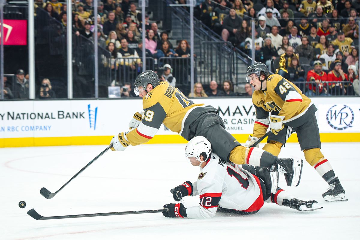 Vegas Golden Knights F Ivan Barbashev (49) shoots the puck in midair during an NHL game against the Ottawa Senators on Wednesday November 26, 2025, in Las Vegas, Nevada. Vegas Golden Knights F Ivan Barbashev (49) shoots the puck in midair during an NHL game against the Ottawa Senators on Wednesday November 26, 2025, in Las Vegas, Nevada.