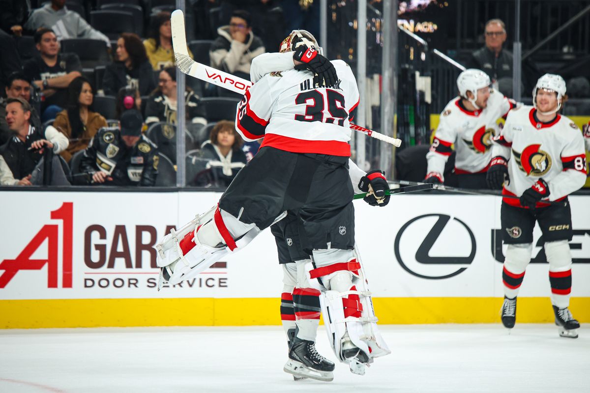 Ottawa Senators G Linus Ullmark (35) celebrates with his teammate after defeating the Vegas Golden Knights in a shootout on Wednesday November 26, 2025, in Las Vegas, Nevada. Ottawa Senators G Linus Ullmark (35) celebrates with his teammate after defeating the Vegas Golden Knights in a shootout on Wednesday November 26, 2025, in Las Vegas, Nevada.