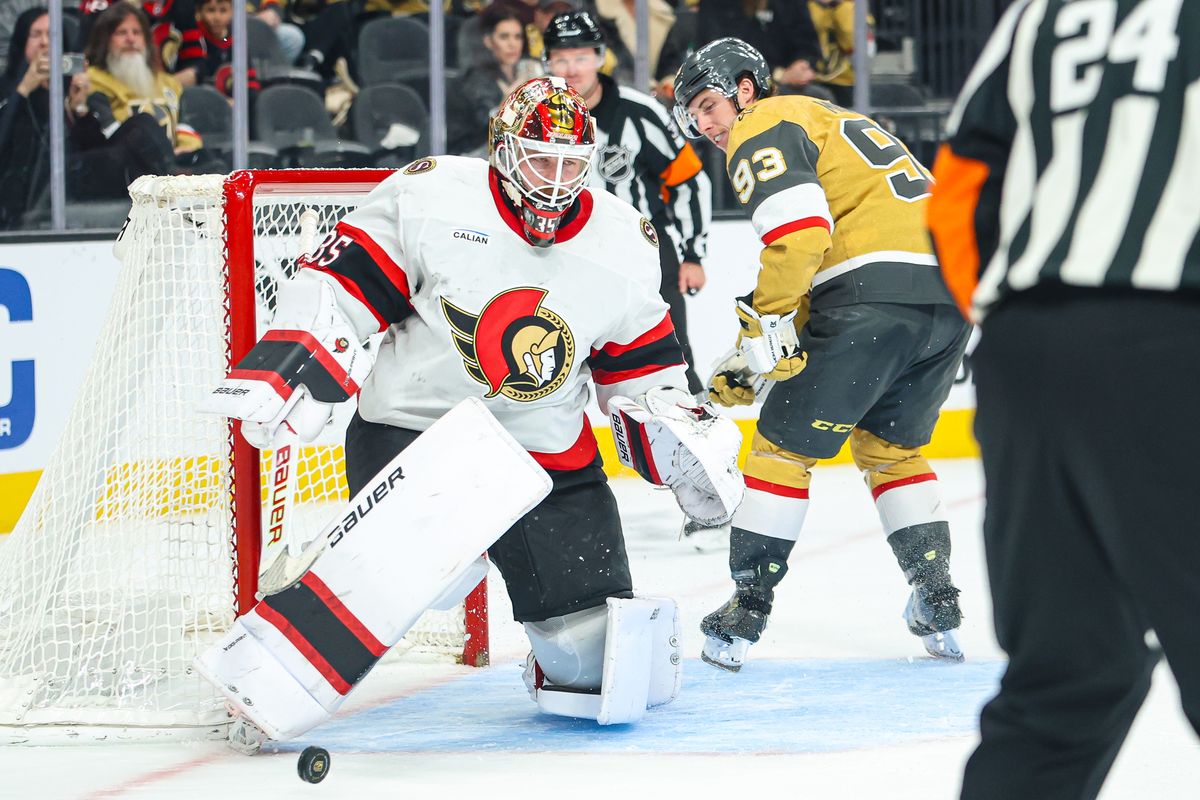Ottawa Senators G Linus Ullmark (35) reacts after making the game winning save against Vegas Golden Knights F Mitch Marner (93) in the shootout on Wednesday November 26, 2025, in Las Vegas, Nevada. Ottawa Senators G Linus Ullmark (35) reacts after making the game winning save against Vegas Golden Knights F Mitch Marner (93) in the shootout on Wednesday November 26, 2025, in Las Vegas, Nevada.