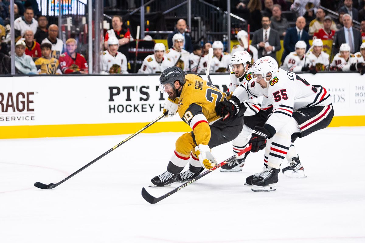Vegas Golden Knights left-wing Brandon Saad (20) skates towards the net as two Chicago Blackhawks players trail him during a NHL game between the Vegas Golden Knights and the Chicago Blackhawks, Tuesday December 2, 2025 in Las Vegas, Nev. Vegas Golden Knights left-wing Brandon Saad (20) skates towards the net as two Chicago Blackhawks players trail him during a NHL game between the Vegas Golden Knights and the Chicago Blackhawks, Tuesday December 2, 2025 in Las Vegas, Nev.