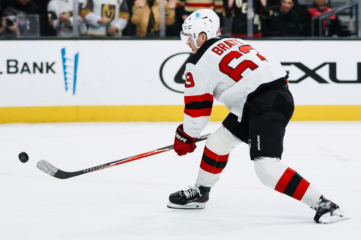 Devils left wing Jesper Bratt (63) shoots the puck during the shootout of NHL game against New Jersey Devils on Wed., Dec. 17, 2025, at T-Mobile Arena in Las Vegas. Devils left wing Jesper Bratt (63) shoots the puck during the shootout of NHL game against New Jersey Devils on Wed., Dec. 17, 2025, at T-Mobile Arena in Las Vegas.