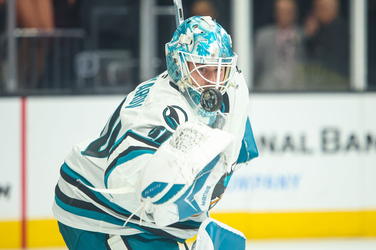 San Jose Sharks G Yaroslav Askarov (30) watches the puck during pregame warmups against the Vegas Golden Knights on Tuesday December 23, 2025, in Las Vegas, Nevada. San Jose Sharks G Yaroslav Askarov (30) watches the puck during pregame warmups against the Vegas Golden Knights on Tuesday December 23, 2025, in Las Vegas, Nevada.