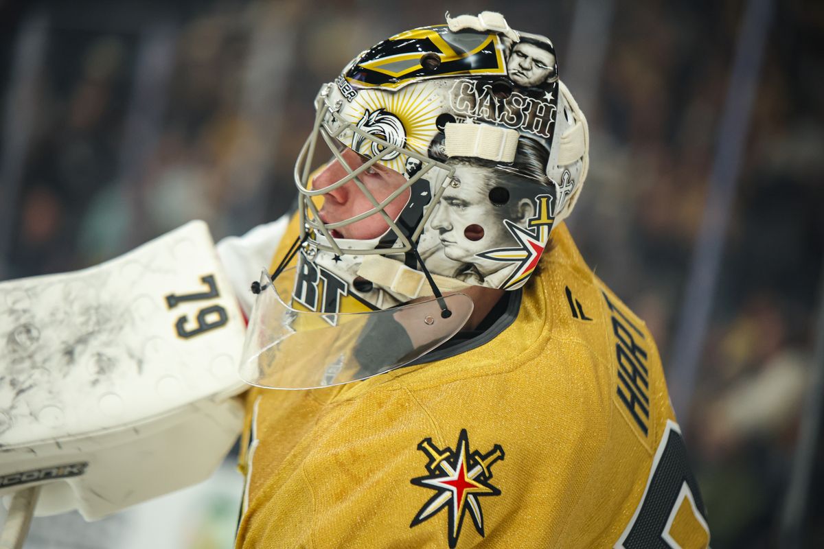 Vegas Golden Knights G Carter Hart (79) seen during an NHL game against the San Jose Sharks on Tuesday December 23, 2025, in Las Vegas, Nevada. Vegas Golden Knights G Carter Hart (79) seen during an NHL game against the San Jose Sharks on Tuesday December 23, 2025, in Las Vegas, Nevada.