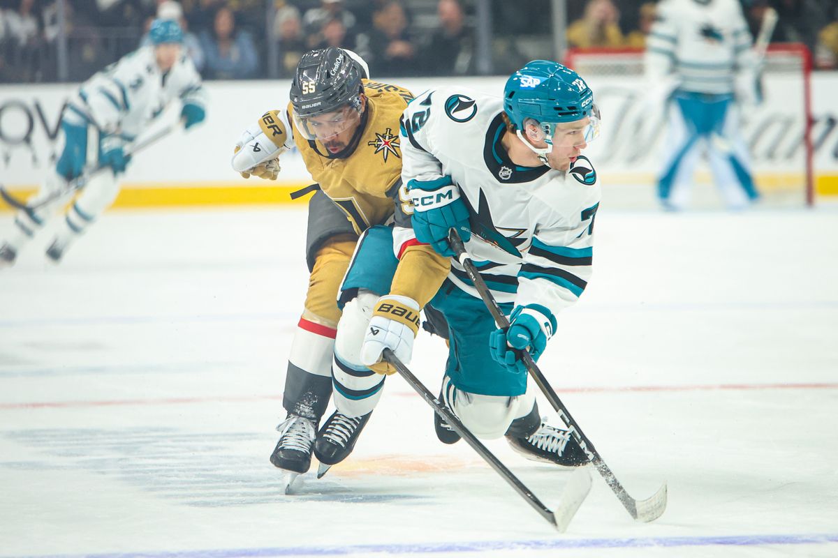 Vegas Golden Knights F Keegan Kolesar (55) fights for the puck against San Jose Sharks F William Eklund (72) on Tuesday December 23, 2025, in Las Vegas, Nevada. Vegas Golden Knights F Keegan Kolesar (55) fights for the puck against San Jose Sharks F William Eklund (72) on Tuesday December 23, 2025, in Las Vegas, Nevada.