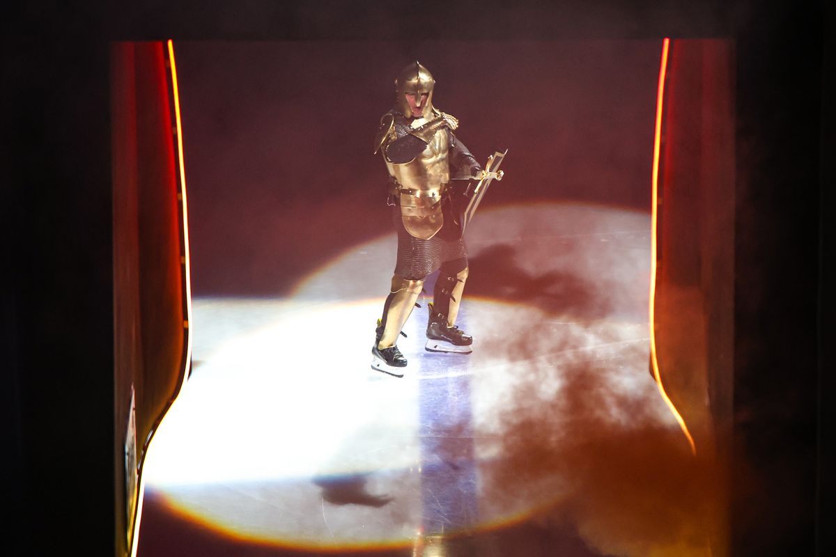 The Golden Knight stands in front of the Elvis Helmet prior to an NHL game against the Minnesota Wild on Monday December 29, 2025, in Las Vegas, Nevada. The Golden Knight stands in front of the Elvis Helmet prior to an NHL game against the Minnesota Wild on Monday December 29, 2025, in Las Vegas, Nevada.