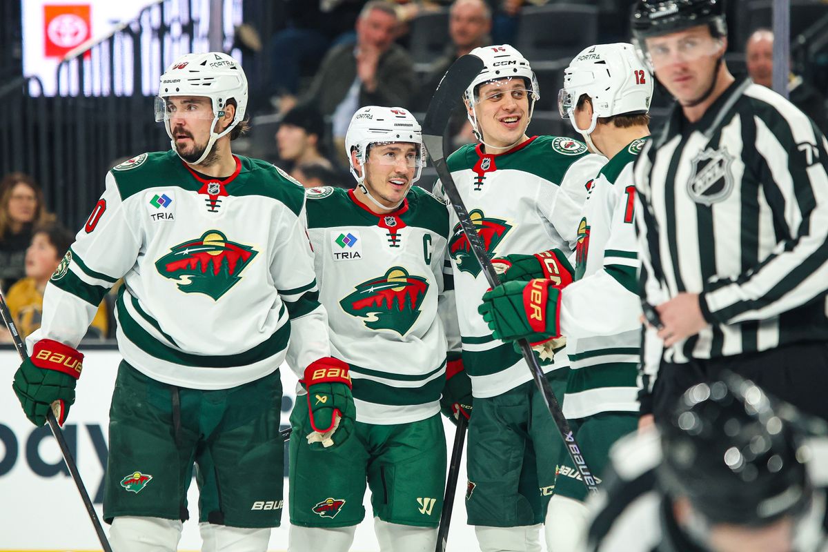 Minnesota Wild D Jared Spurgeon (46) celebrates with his teammates after scoring a goal against the Vegas Golden Knights on Monday December 29, 2025, in Las Vegas, Nevada. Minnesota Wild D Jared Spurgeon (46) celebrates with his teammates after scoring a goal against the Vegas Golden Knights on Monday December 29, 2025, in Las Vegas, Nevada.