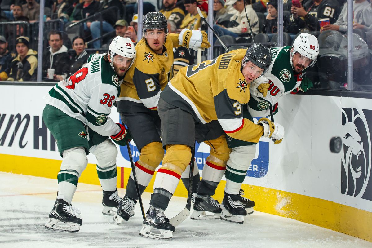 Vegas Golden Knights and Minnesota Wild players watch for a puck during an NHL game on Monday December 29, 2025, in Las Vegas, Nevada. Vegas Golden Knights and Minnesota Wild players watch for a puck during an NHL game on Monday December 29, 2025, in Las Vegas, Nevada.