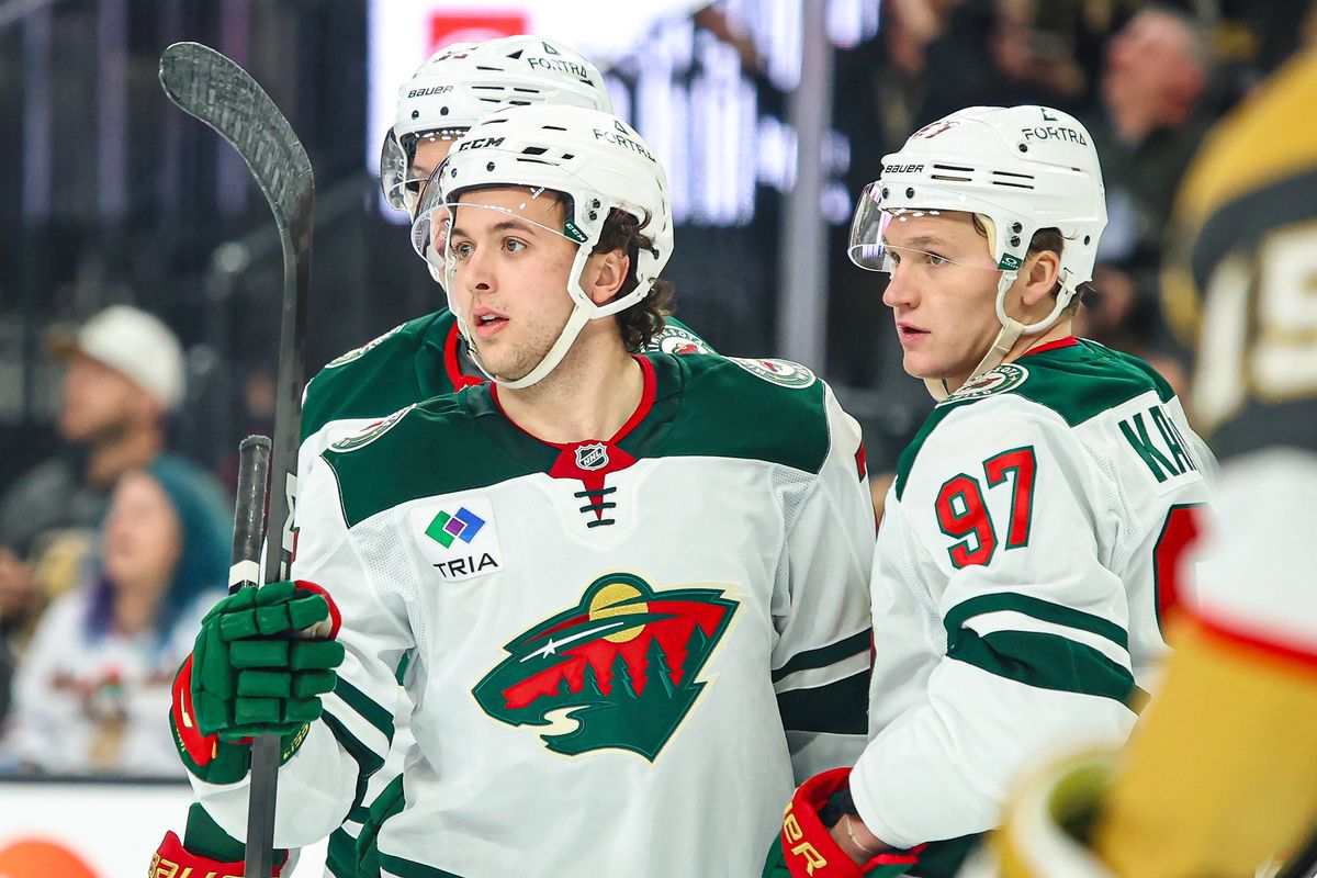 Minnesota Wild D Brock Faber (7) reacts after scoring a goal against the Vegas Golden Knights on Monday December 29, 2025, in Las Vegas, Nevada. Minnesota Wild D Brock Faber (7) reacts after scoring a goal against the Vegas Golden Knights on Monday December 29, 2025, in Las Vegas, Nevada.