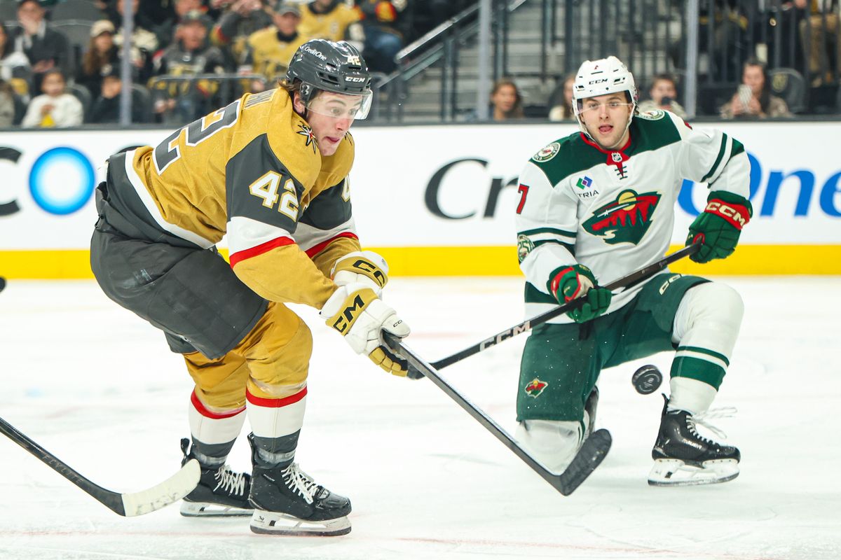 Vegas Golden Knights F Braeden Bowman (42) reacts to the puck during an NHL game against the Minnesota Wild on Monday December 29, 2025, in Las Vegas, Nevada. Vegas Golden Knights F Braeden Bowman (42) reacts to the puck during an NHL game against the Minnesota Wild on Monday December 29, 2025, in Las Vegas, Nevada.