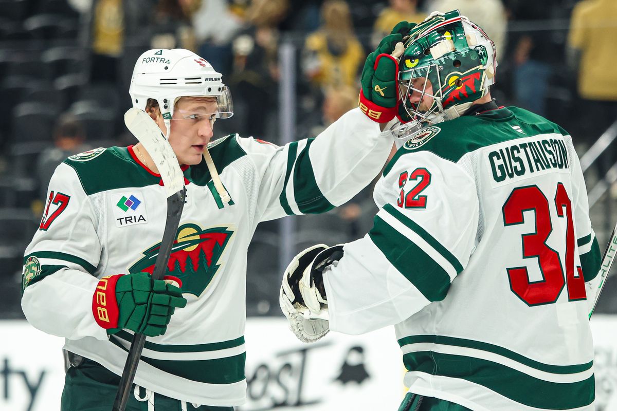 Minnesota Wild F Kirill Kaprizov (97) high fives his teammate G Filip Gustavsson (32) after defeating the Vegas Golden Knights on Monday December 29, 2025, in Las Vegas, Nevada. Minnesota Wild F Kirill Kaprizov (97) high fives his teammate G Filip Gustavsson (32) after defeating the Vegas Golden Knights on Monday December 29, 2025, in Las Vegas, Nevada.