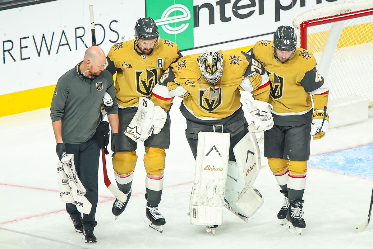 Vegas Golden Knights G Carter Hart (79) skates off with assistance from his teammates after sustaining an injury on Thursday January 8, 2026, in Las Vegas, Nevada. Vegas Golden Knights G Carter Hart (79) skates off with assistance from his teammates after sustaining an injury on Thursday January 8, 2026, in Las Vegas, Nevada.