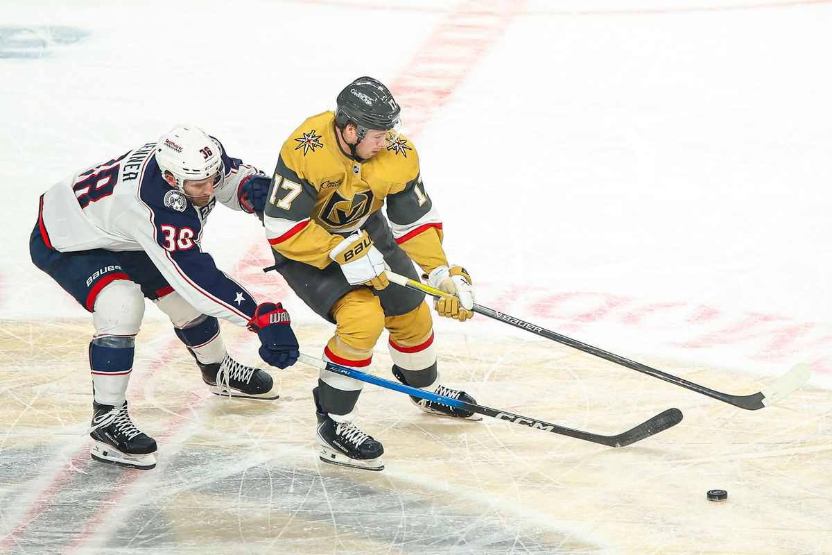 Vegas Golden Knights D Ben Hutton (17) skates with the puck through center ice during an NHL game against the Columbus Blue Jackets on Thursday January 8, 2026, in Las Vegas, Nevada. Vegas Golden Knights D Ben Hutton (17) skates with the puck through center ice during an NHL game against the Columbus Blue Jackets on Thursday January 8, 2026, in Las Vegas, Nevada.