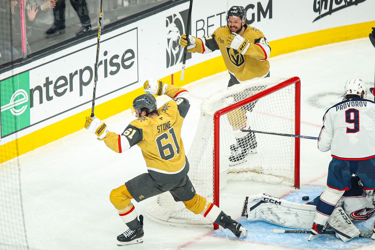 Vegas Golden Knights F Mark Stone (61) celebrates after scoring a goal against the Columbus Blue Jackets on Thursday January 8, 2026, in Las Vegas, Nevada. Vegas Golden Knights F Mark Stone (61) celebrates after scoring a goal against the Columbus Blue Jackets on Thursday January 8, 2026, in Las Vegas, Nevada.
