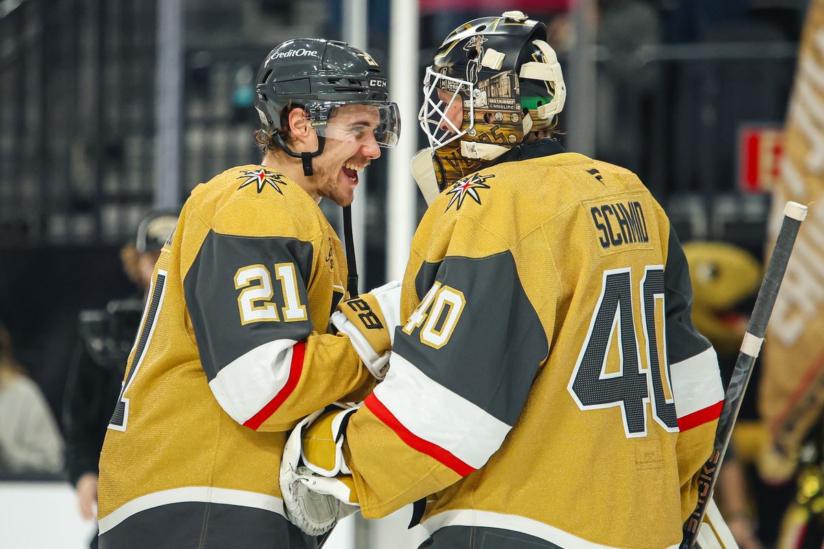 Vegas Golden Knights F Brett Howden (21) and Vegas Golden Knights G Akira Schmid (40) celebrate after defeating the Columbus Blue Jackets on Thursday January 8, 2026, in Las Vegas, Nevada. Vegas Golden Knights F Brett Howden (21) and Vegas Golden Knights G Akira Schmid (40) celebrate after defeating the Columbus Blue Jackets on Thursday January 8, 2026, in Las Vegas, Nevada.